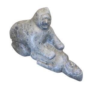 Inuit soapstone art 2 person intimate rare Sculpture Marked Number on base